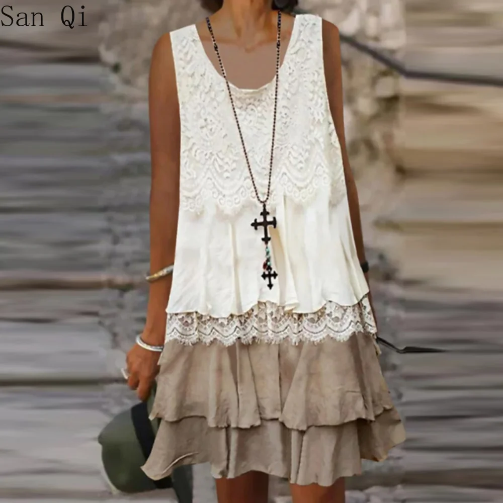 

Модное винтажное женское летнее пляжное платье, повседневное лоскутное мини-платье без рукавов с оборками, женское кружевное платье с вышивкой в стиле Харадзюку