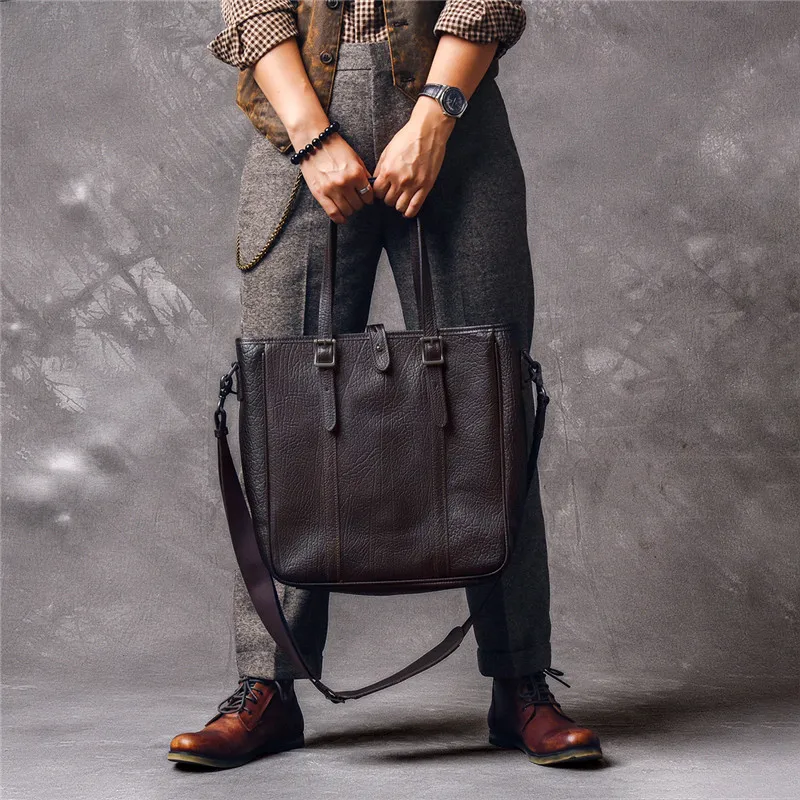 Casual luxury genuine leather men's tote bag outdoor travel handbag weekend shopping real cowhide large capacity shoulder bag