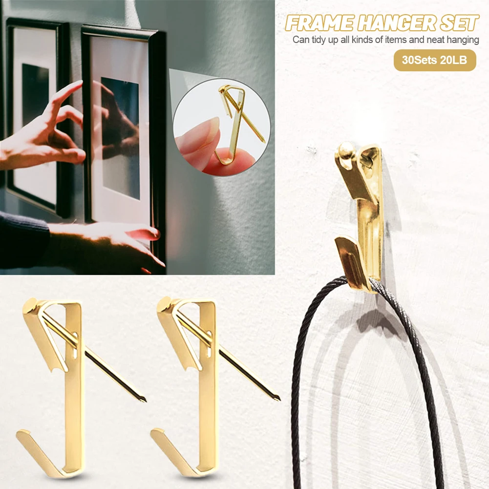 

Золотые сверхпрочные вешалки для картин с гвоздями, 30 комплектов, 20 фунтов, крючки для фоторамки, крючки для гипсокартона, картины маслом, зе...