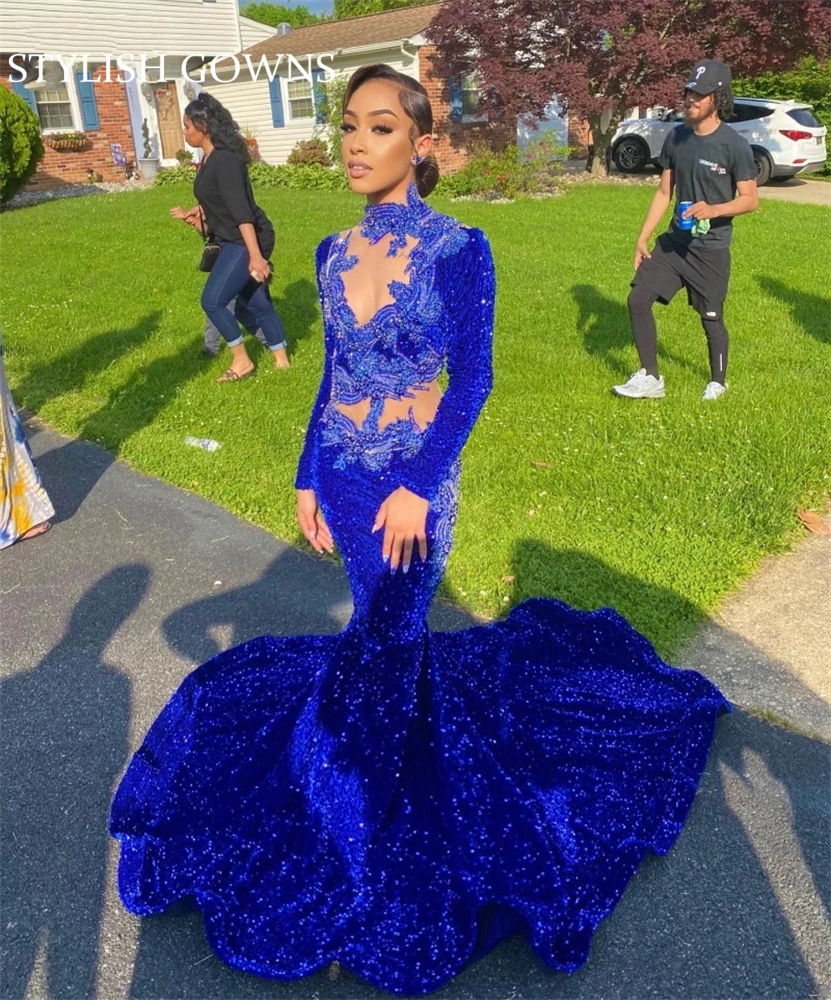

Royal Blue High Neck Long Prom Dress For Black Girls 2023 Appliques Birthday Party Dresses Sequined Evening Gowns Mermaid Robe