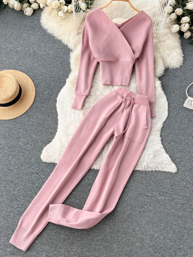 

Fashion Korean Knitted 2 Pieces For Women Long Sleeve Sexy Crop Tops High Waist Carrot Trousers Suit Female Winter Clothings New