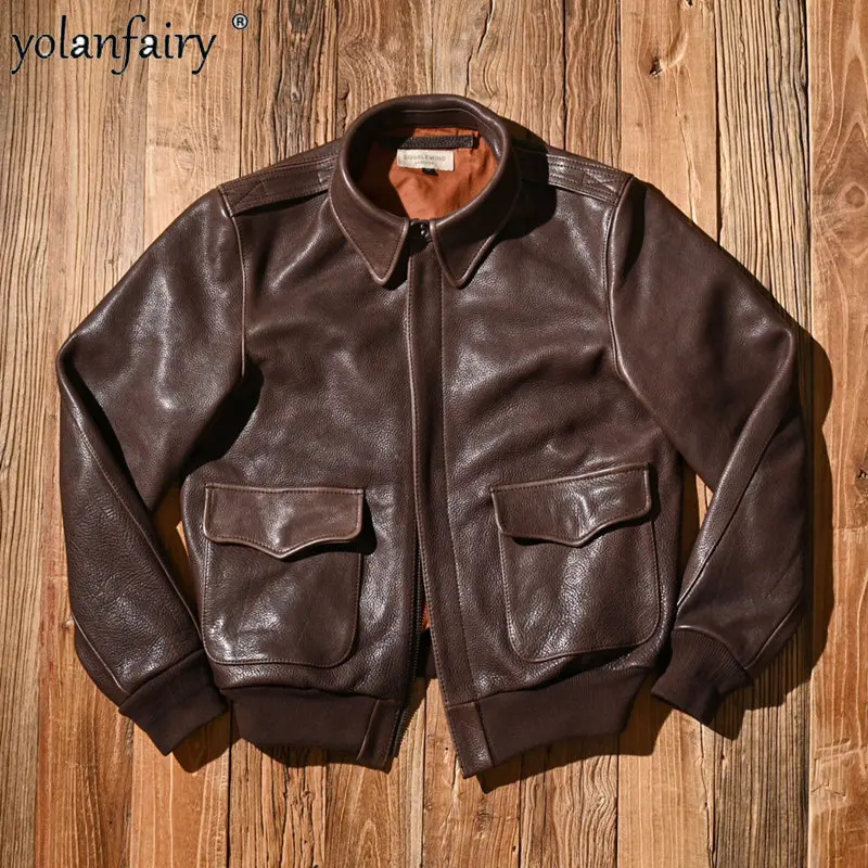 

Мужская кожаная куртка, винтажная Тяжелая Толстая мужская куртка A2 из 2,0 натуральной воловьей кожи с верхней отделкой, пальто большого размера