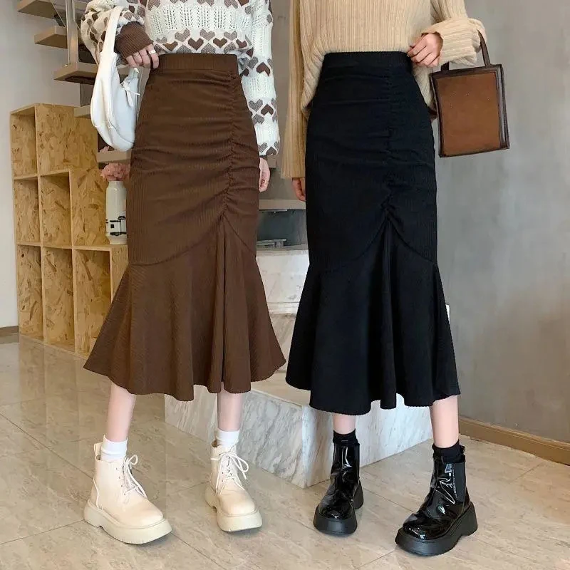 

Lucyever Fashion High Waist Midi Skirts for Women 2023 Spring Slim Fit Hip Mermaid Skirt Woman Korean Ruffles Brown Skirts 2XL