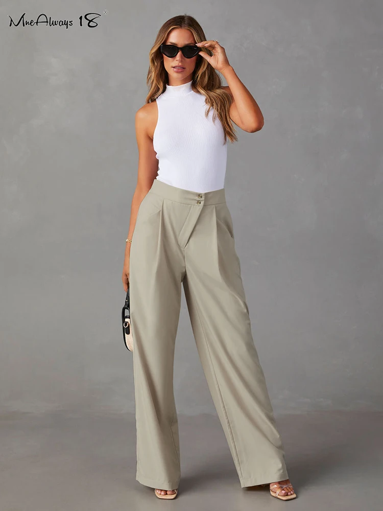 

Mnealways18 Khaki Women Wide Legs Pants Button Pleated Casual Floor-Length Trousers Autumn Winter 2023 Baggy Pants Office Ladies