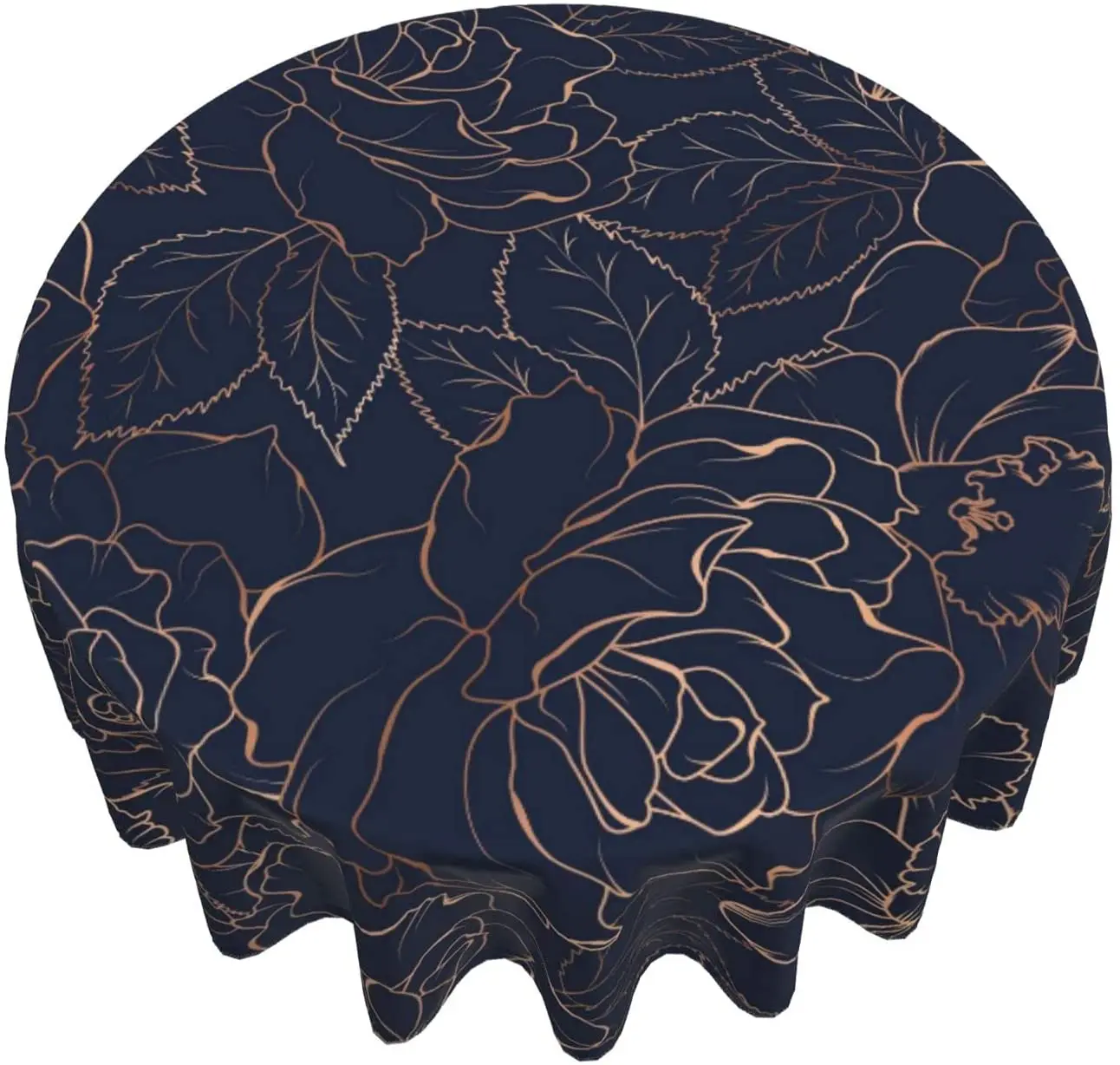 

Gold Rose in Navy Blue Pattern Round Tablecloth 60 Inch Washable Polyester Table Cloth Water Resistant Spill Proof Table Cover