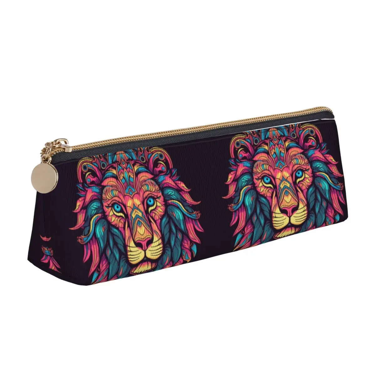 Lion Leather Pencil Case Vibrant Vintage Cool Zipper Pencil Box College Teens Triangle Pen Bag