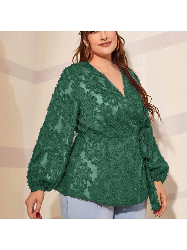 Spot large women's tie bow top V-neck long-sleeved commuter loose plus size T-Shirt