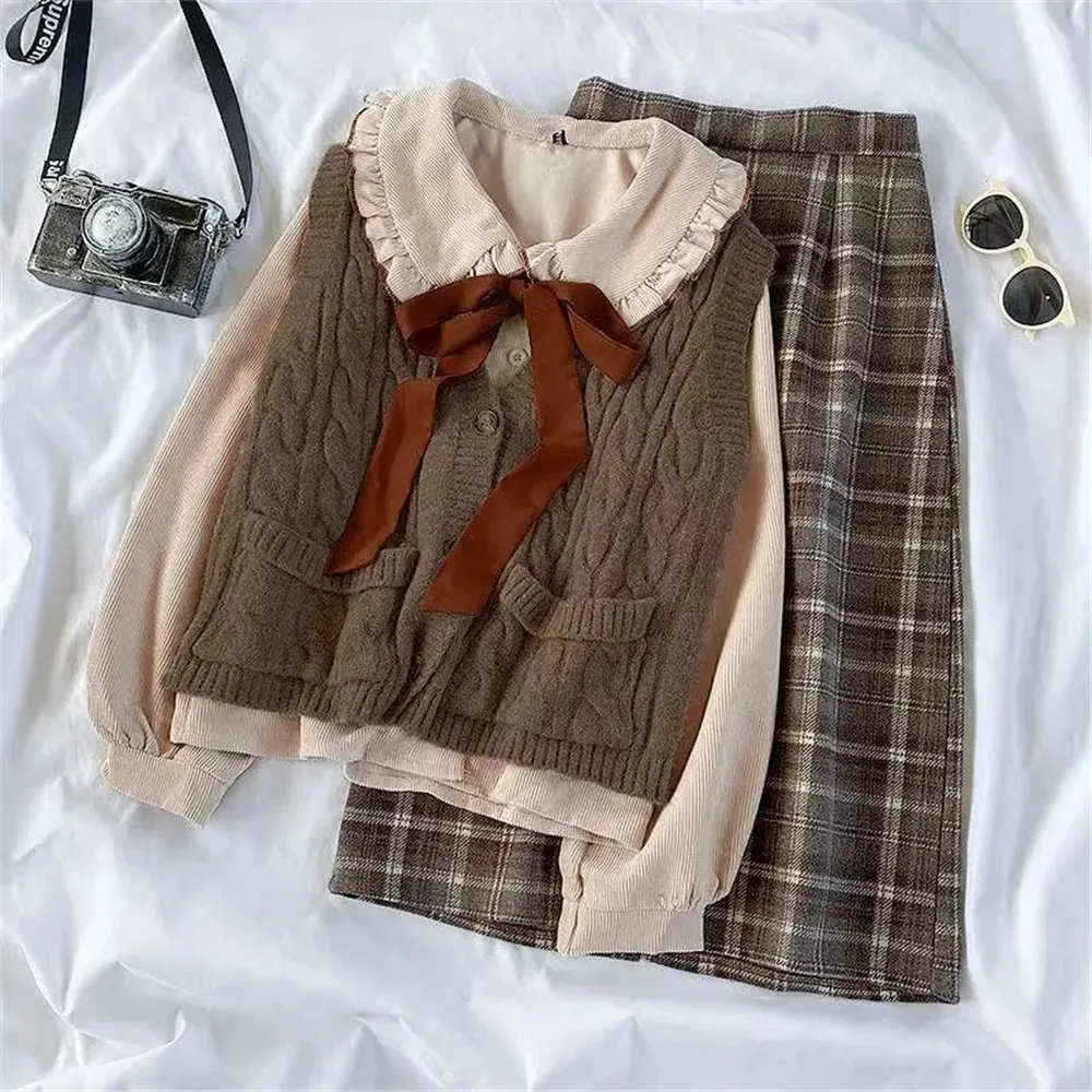 Vintage Preppy Three-Piece Women Suit Autumn Winter Female Student Korean Loose Lace-Up Shirt + Knitted Vest + Plaid Skirt Sets