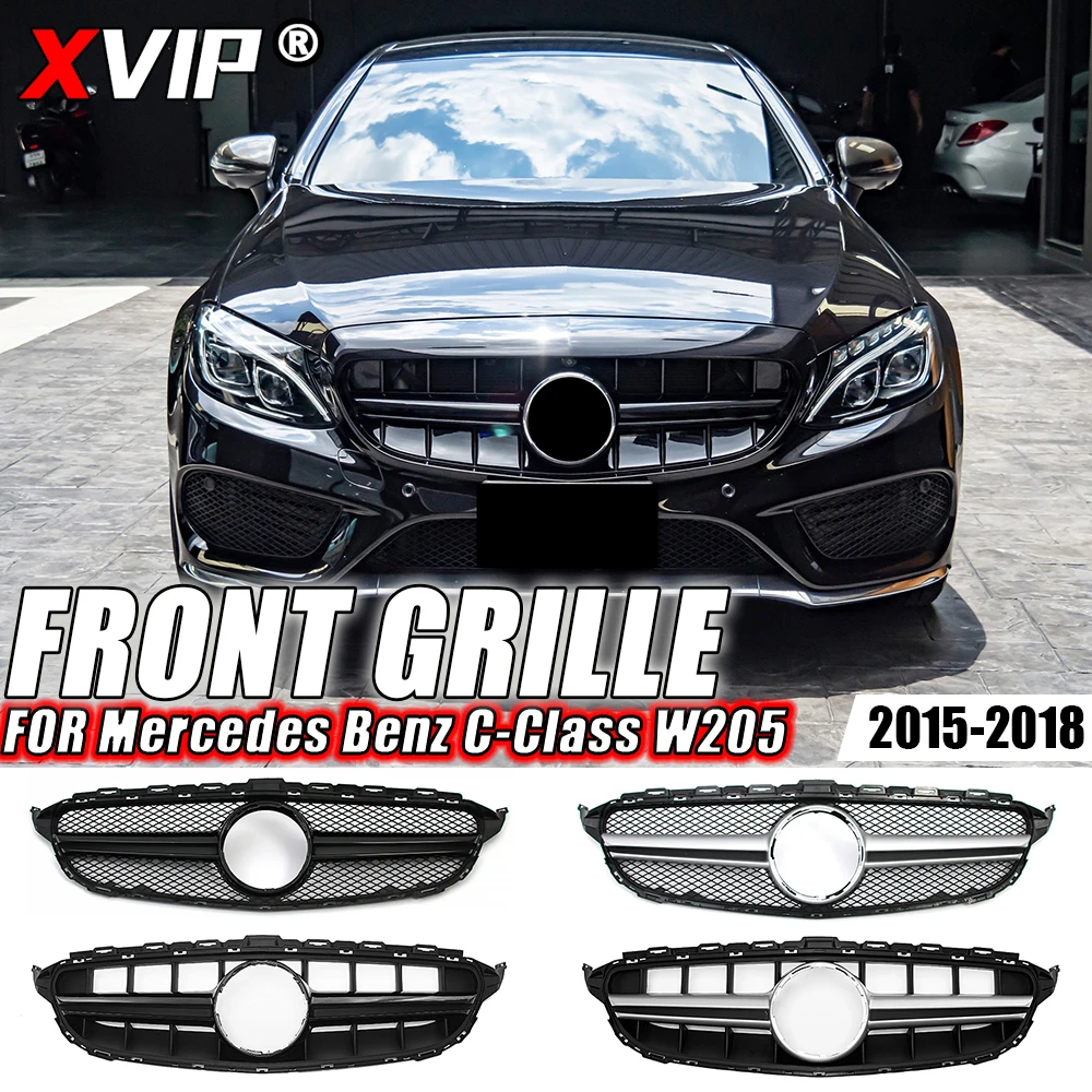 Фото Глянцевая черная решетка переднего бампера в стиле GTR от XVIP для Mercedes-Benz C-Class W205 2015-2018 C180 C200 C300, хромированные решетки в стиле AMG №1