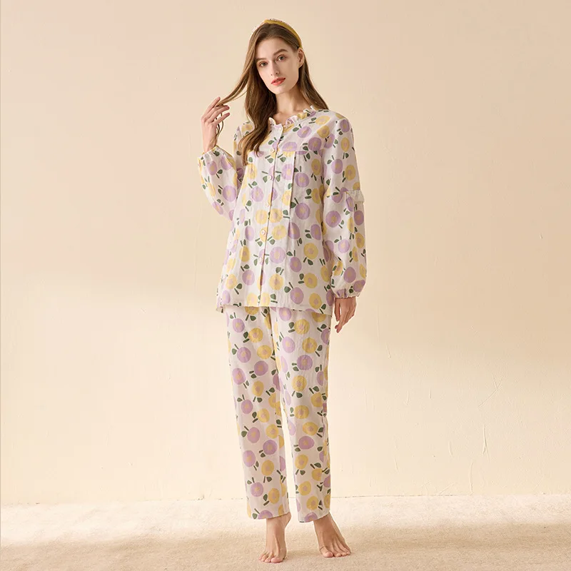 2022 New Summer 40S Double Fiber 100% Cotton Pajamas Sets Women Homewear High Quality Full Sleeve Night Sleep Pants