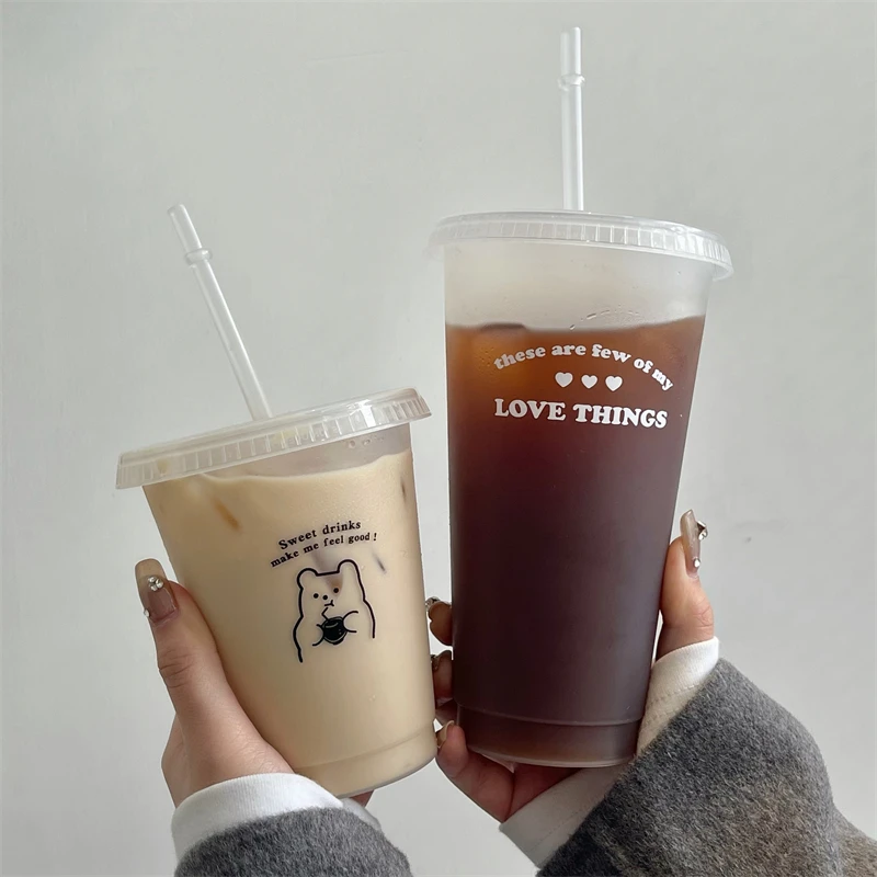Korean Ins Cold Cup with Lid Straw Reusable Bottle Cute Printed Water Bottle for Coffee Juice Milk Tea Portable Drinkware Bottle