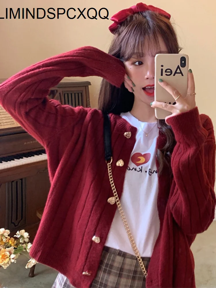 

Kawaii Woman Sweaters Knitted Cardigan 2022 Winter Korean Fashion Cute Heart Buttons Long Sleeve Burgundy Red White Sweater Tops