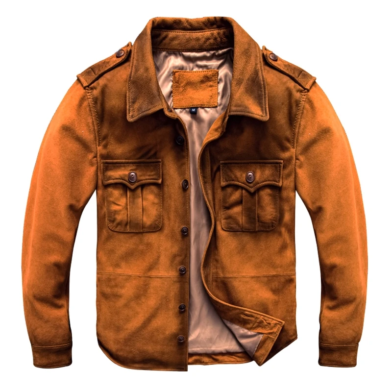 

Light Brown Spring Leather Shirt Men Retro Casual Style Plus Size 4XL Natural Sheepskin Slim Fit Genuine Leather Coat