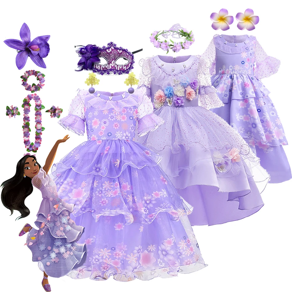 

Disney Isabela Princess Dress Mirabel Mesh Floral Cosplay Costume Baby Girl Encanto Charm Clothes Dolores Carnival Party Kid