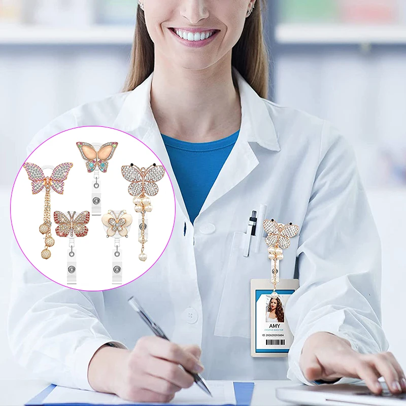 

Crystal Diamond Butterfly Badge Reel Card Holder Retractable ID Card Badge Clip Office Nurse Supplies Name Tag Badge Reels