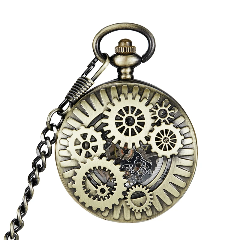 Luxury Gear Mechanical Clock Vintage Man Pocket Watch with Fob Chain Steampunk Skeleton Watches for Men Chinese Factory Pendant
