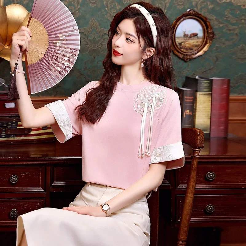 Футболка женская легкая с вышивкой в китайском стиле лето 2024