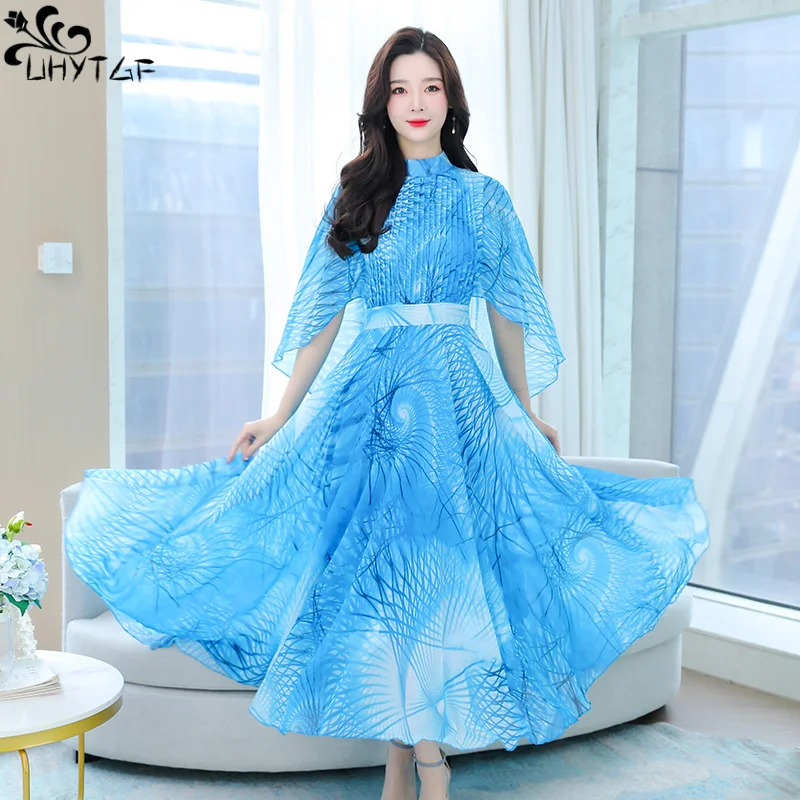 

Платье UHYTGF женское шифоновое с коротким рукавом, свободная накидка-пуловер с воротником-стойкой и коротким рукавом, летнее