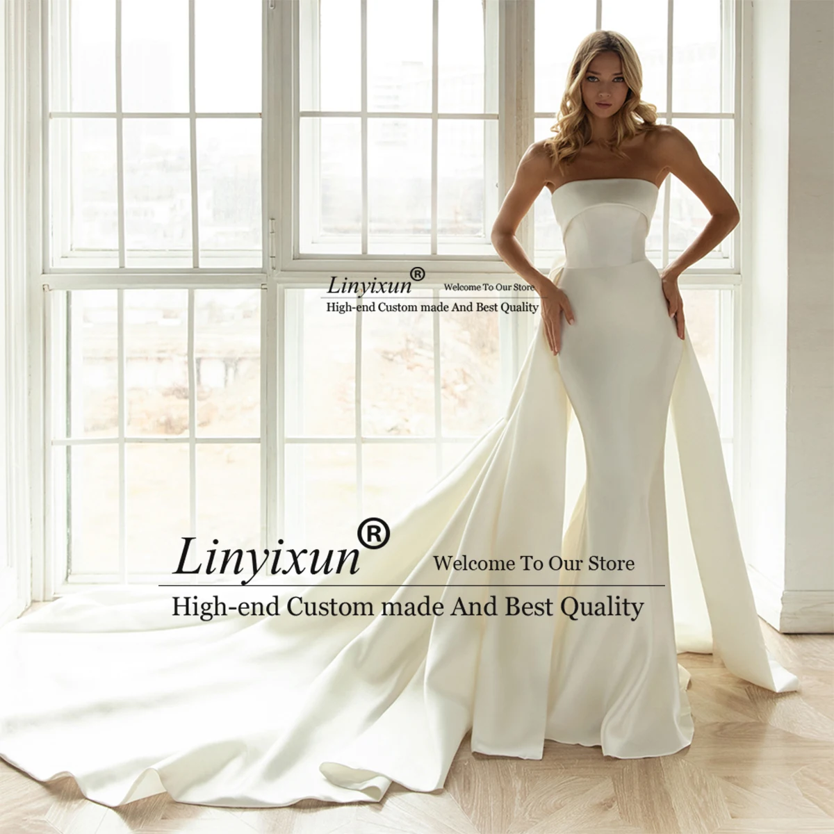 Простое атласное свадебное платье по индивидуальному заказу со съемным шлейфом