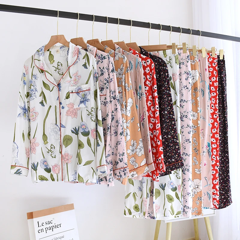 NEW 100% Viscose Women Pajamas Casual Long Sleeve Sleepwear Pajamas Set Flower Printed Spring Summer 2PCS Pyjama Suit