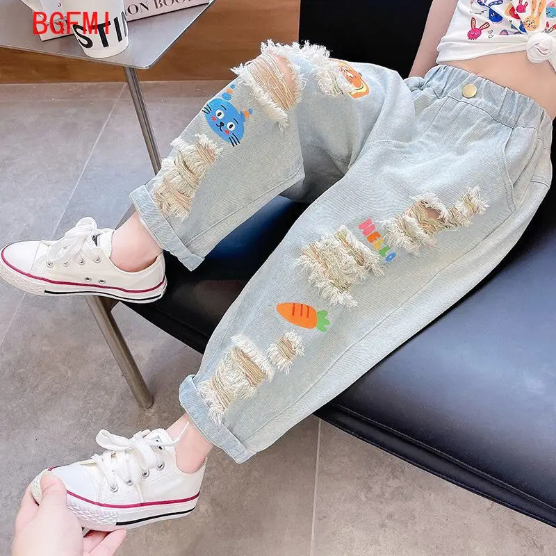 

2-9Y Baby Toddler Girls Jeans Summer 2023 New Children's Graffiti Hole Casual Pants Thin Boys and Girls Autumn Pants 아기옷 여름신상