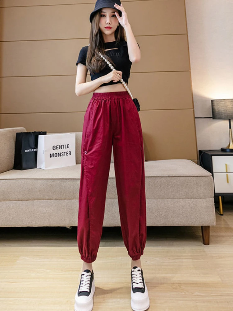 

2022 Overalls Elastic Waist Women's Nine Points Summer Thin Section Casual Button Decorative Pants All-match Loose New Bloomers