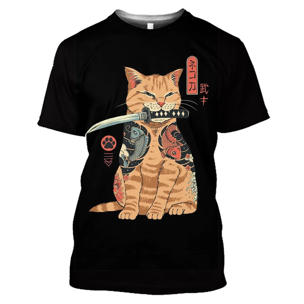 2022 Japanese Samurai Cat T-shirt Summer Tshirts New Men's T-shirt Casual Short Sleeve Sports Fitness Top Retro T Shirt For Men