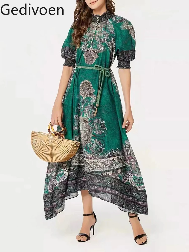 Gedivoen 2022 Summer Women Fashion Runway Lrregular Dress With Belt Lantern Sleeve Vintage Print Big Swing Long Dresses