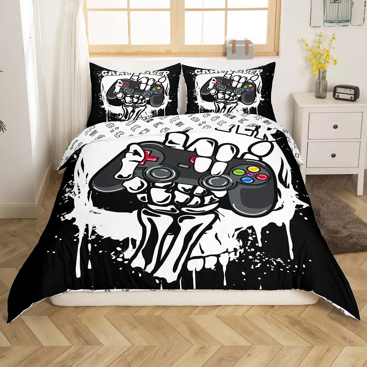 

Skull Gamer Comforter Cover Tie Dye Duvet Cover Sugar Skull Games Bedding Set For Boys Gamer Room Decor Hand Skeleton Gamepad
