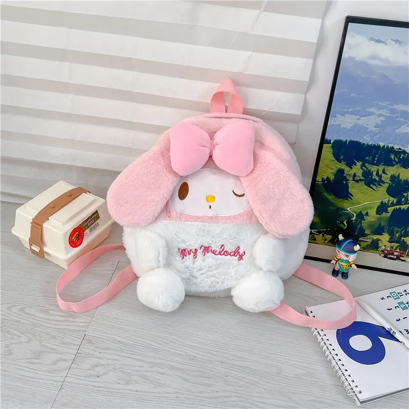 

Sanrio Girl Backpack Cute Cinnamoroll Kuromi Melody Cartoon Peripheral Student Plush Doll Large Capacity Zipper Storage Bag