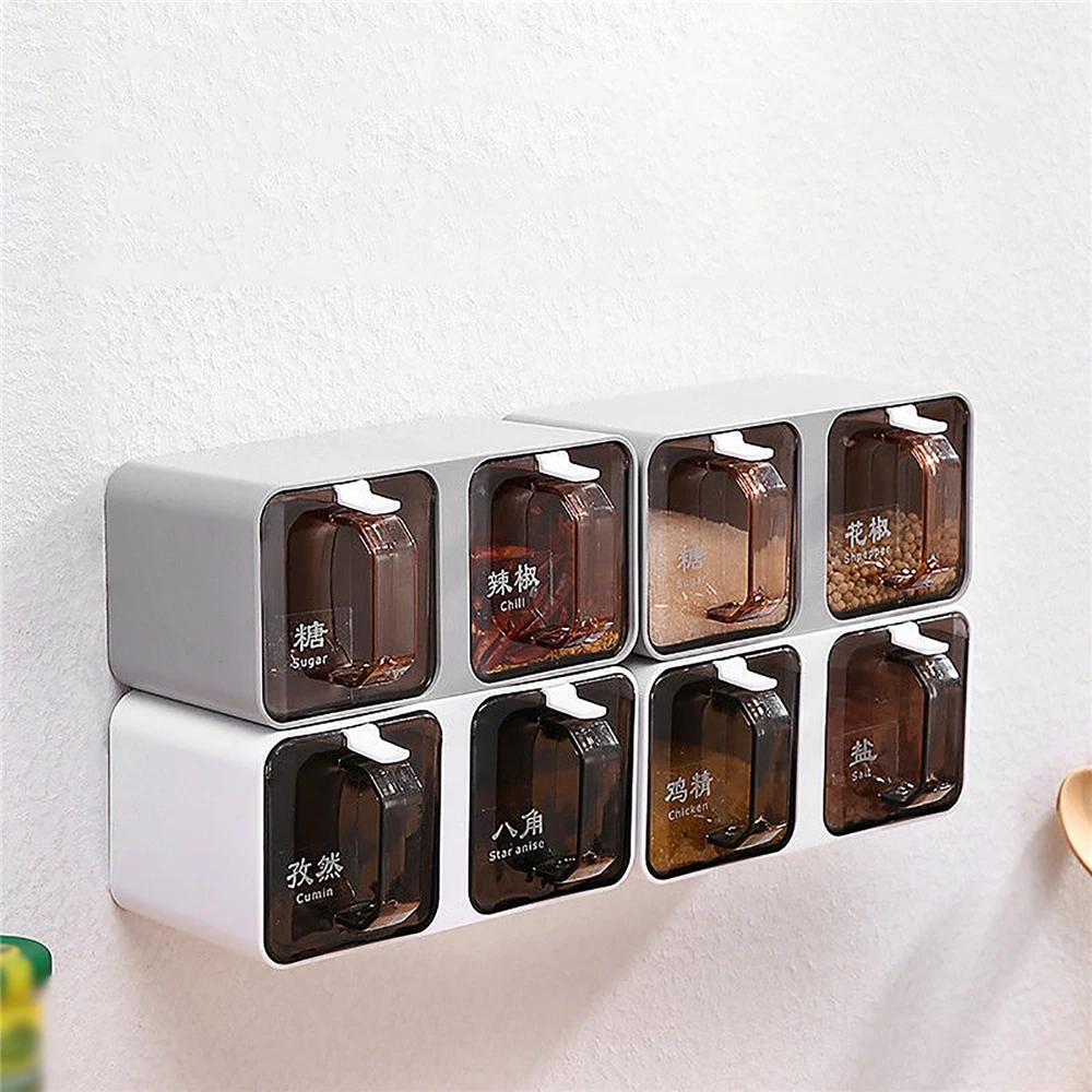 

4Grid Punch-Free Wall-Mounted Spice Seasoning Box Kitchen Spice Jar Pepper Sugar Salt Organizer Container Seasoning Canister Set