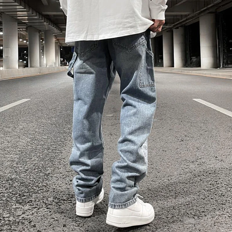 Fashion Denim Straight Jeans Mens Hip Hop Patchwork Paisley Jeans Streetwear Zipper Trousers New Casual Joggers Jeans Pants