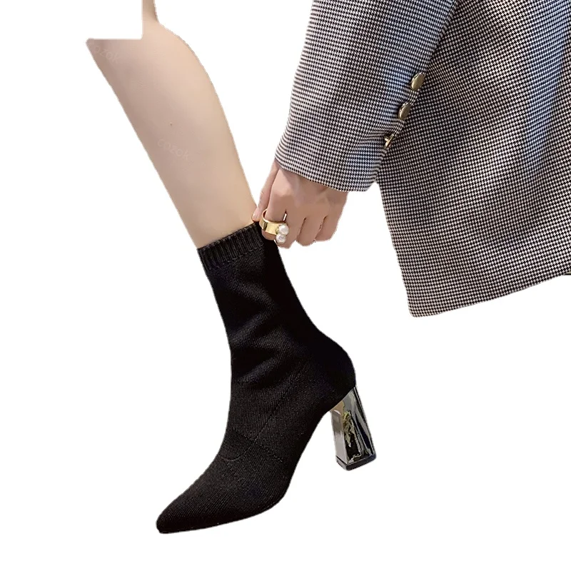 Weave High Heels Boots Women Dress Women Shoes Boots Elastic Fabric Boots Chunky 2022 New Fashion Designer Goth Ladies Shoes