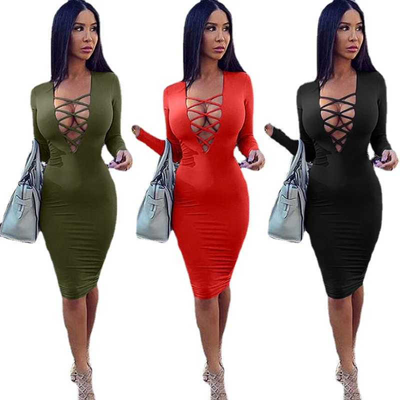 

White Knee Length Dress Spring Women Sexy Hollow Out Bandage Deep V-Neck Long Sleeve Black Bodycon Dress Lady Party Club Dresses