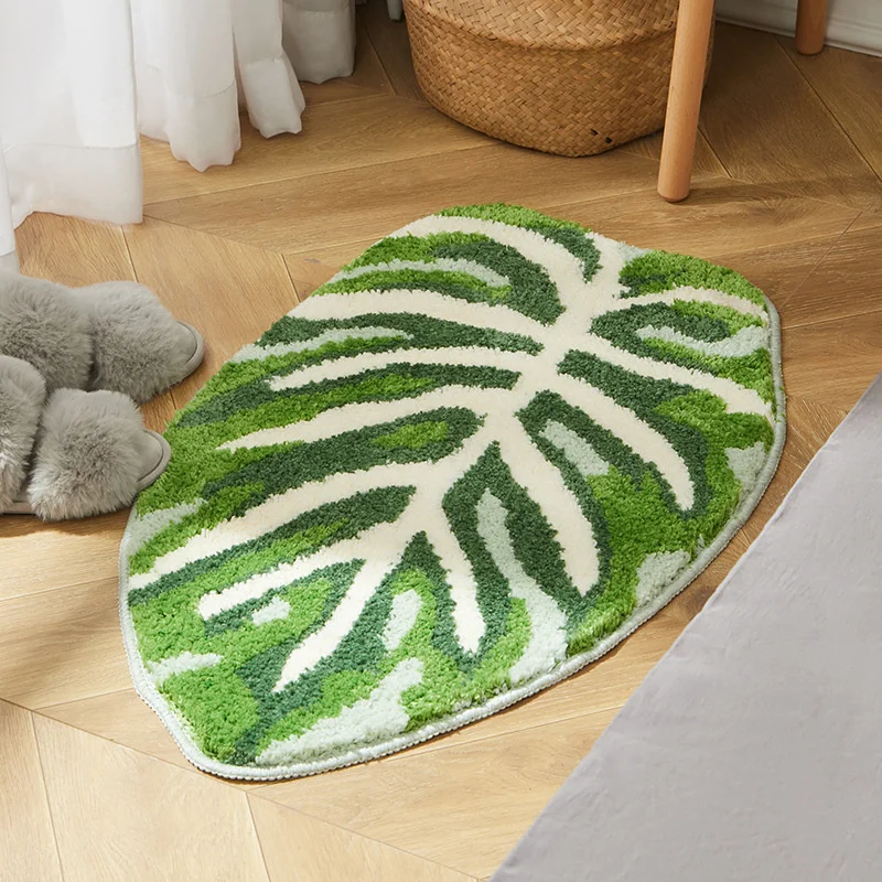 

Irregular Plant Cluster Rug Plantain Leaf Tufted Rug Soft Plush Absorbent Bathroom Living Room Floor Mat Green Fluffy Carpet