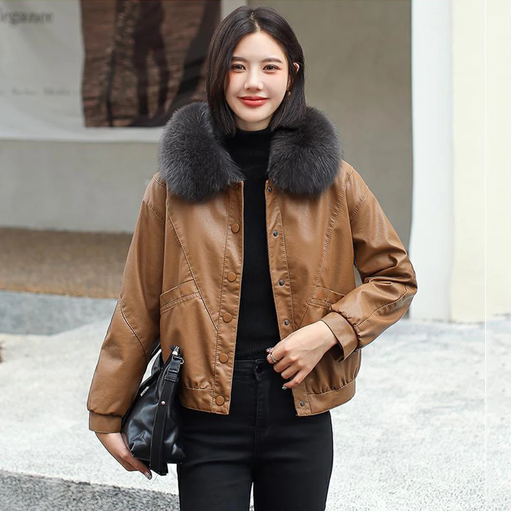 New Women Plus Velvet Lining Leather Jacket Autumn Winter Casual Fashion Fur Collar Loose Short Motorbiker Coat Split Leather