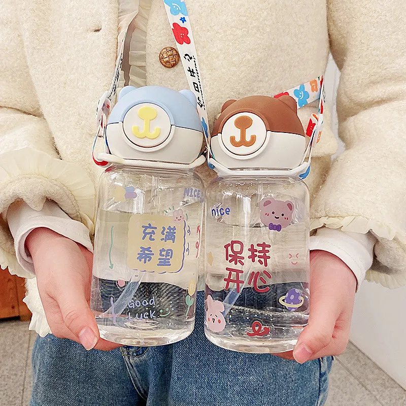 

Cute bear straw plastic transparent water bottle fashion portable strap children's pot sticker child student cup