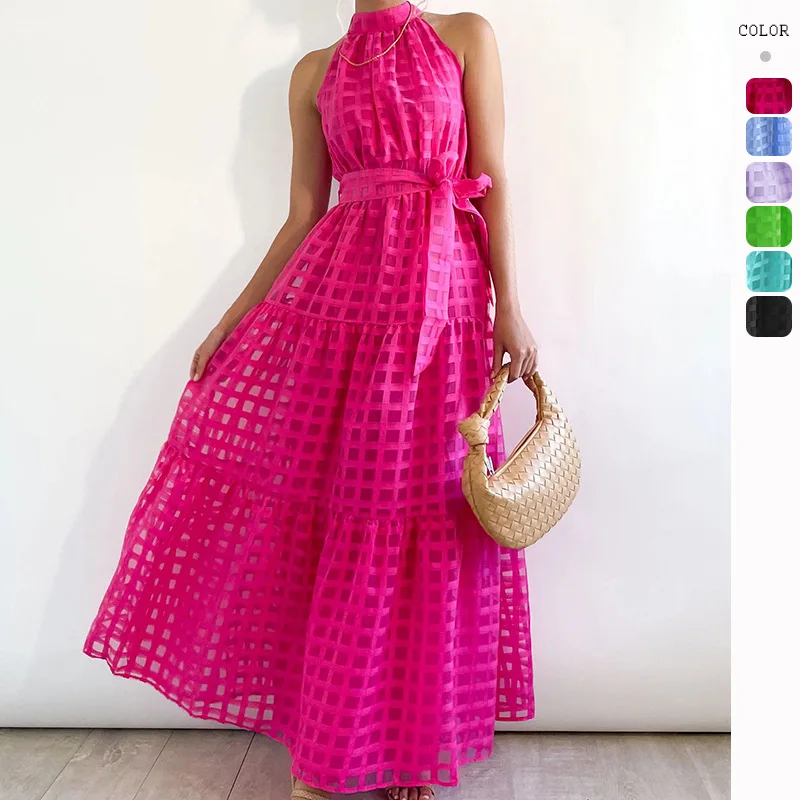 

Grid Hollow Long Dress for Women Halter Sleeveless with Belt Elegant Female Dresses Summer Vintage Casual Beach Vestido 2023