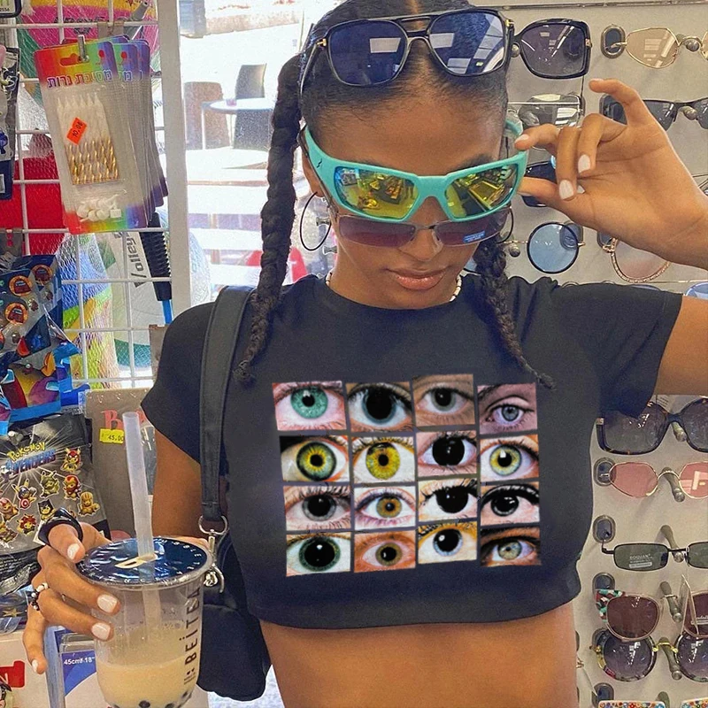 

Футболка женская с графическим принтом, повседневная винтажная Облегающая рубашка в стиле панк, с коротким рукавом, блестящая, в стиле ретр...