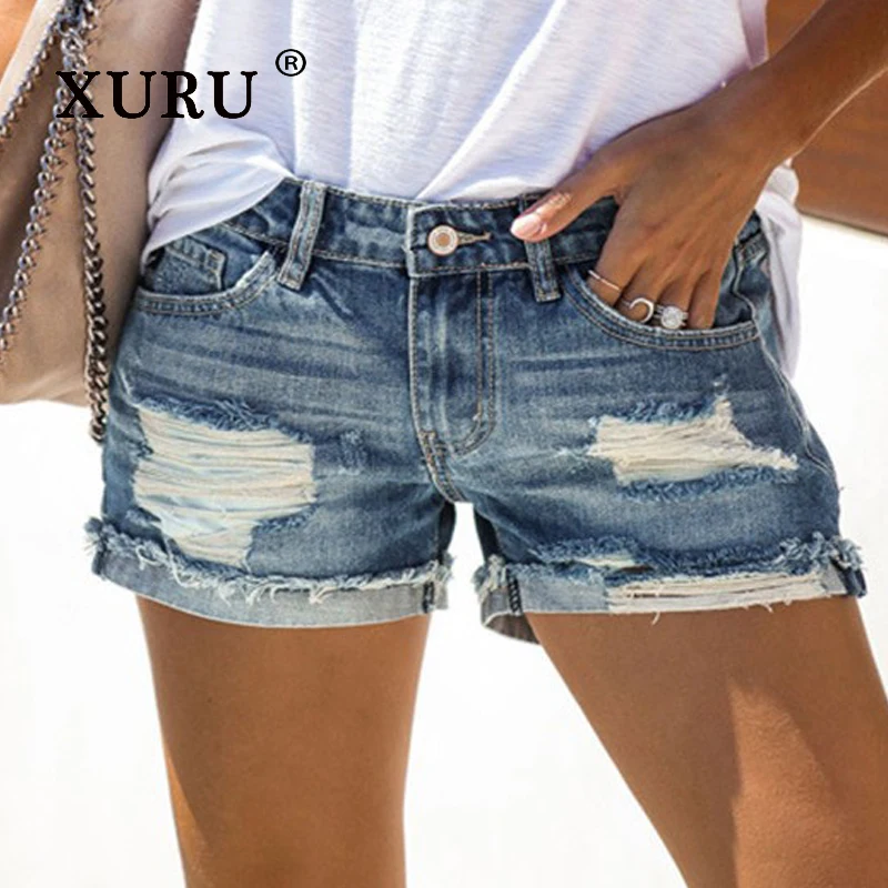 

XURU - European and American Summer New Distressed Jeans for Women, Trendy Shorts Selling High Waisted Washed Jeans K1-888