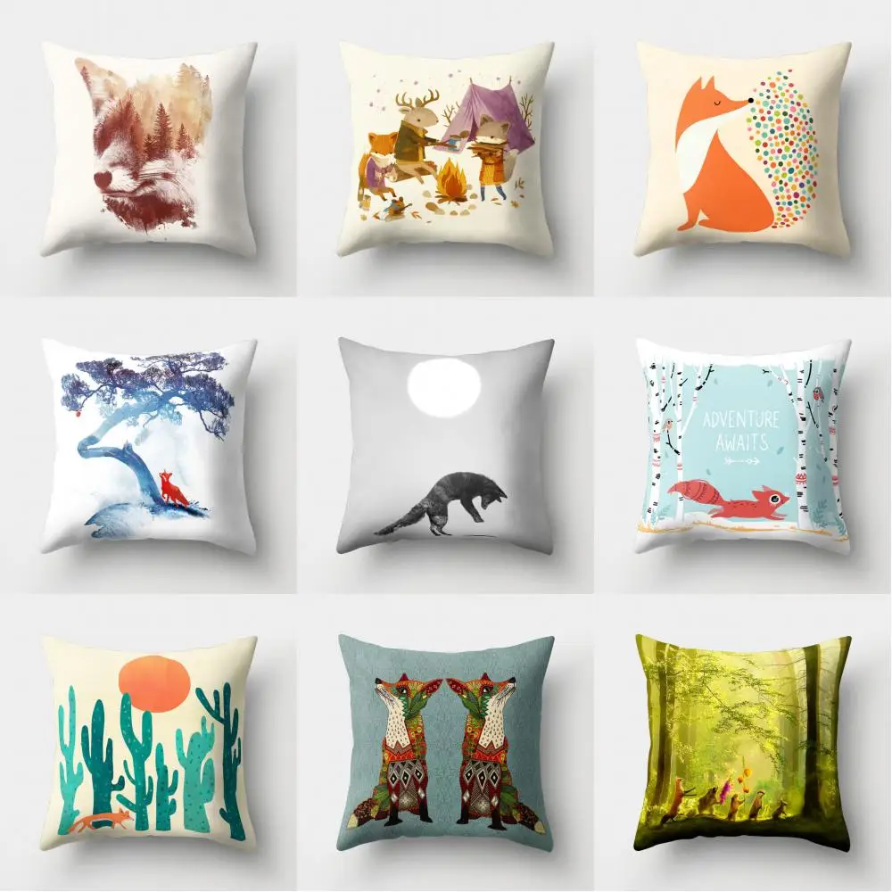 

Throw Pillows Decoration Salon Pillowcase Fox Cartoon Pattern Office Cushion Cover Car Pillowslip Home Sofa Funda Cojines 45x45