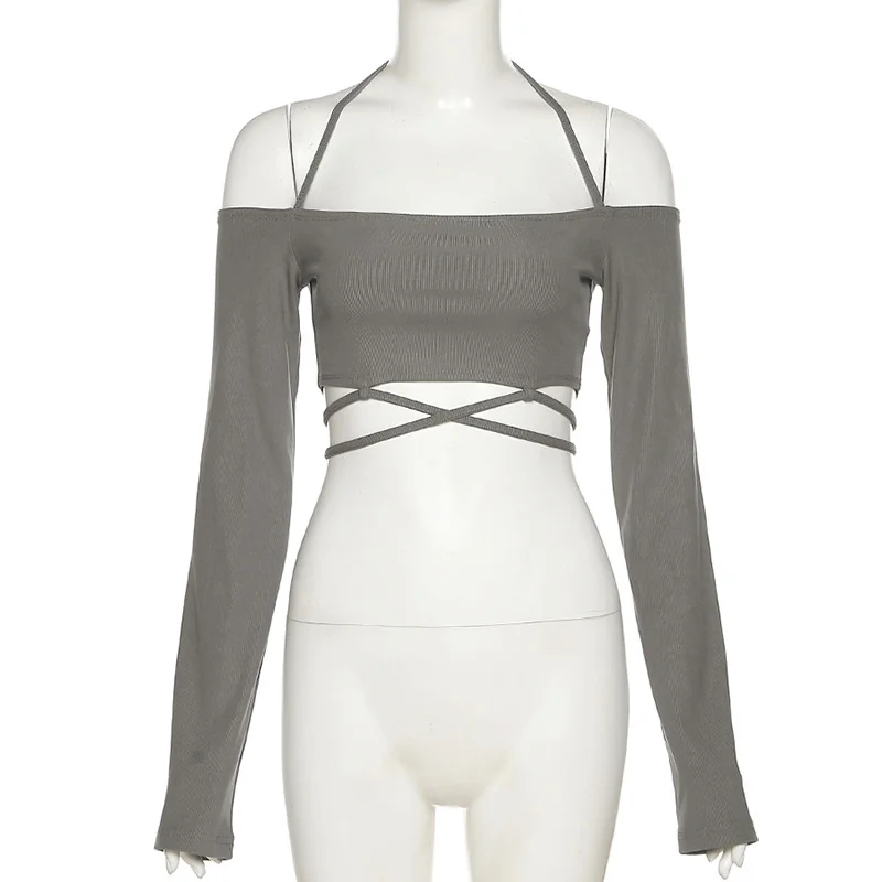 

#4571 серая футболка с лямкой на шее, женская сексуальная уличная одежда с открытой спиной, футболка в стиле хип-хоп, облегающая футболка с дли...