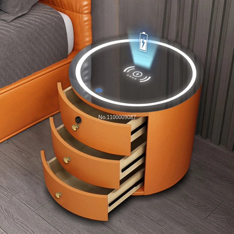 

Round Bedside Table Intelligent Audio Password Fingerprint Lock Wireless Charging Leather Wood Cabinet Nightstands for Bedroom