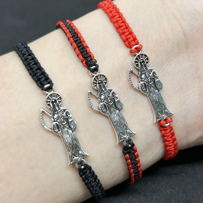 

Mexican Red Black Rope Braided Santa Muerte Bracelets for Men Women Gifts