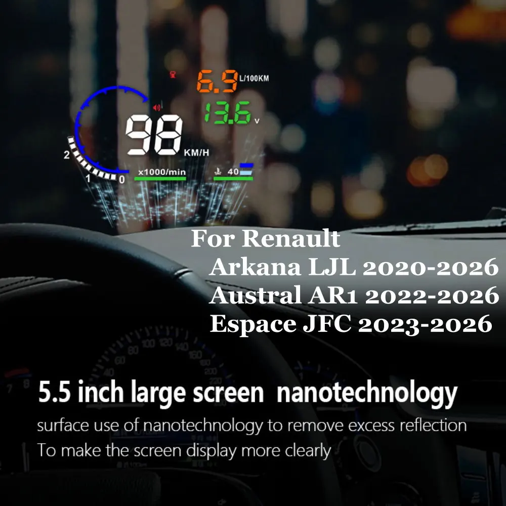 Фото Автомобильный проекционный дисплей (HUD) на лобовое стекло с LED-подсветкой для Renault Arkana LJL 2020-2026, Austral AR1 2022-2026, Espace JFC 2023-2026 №2