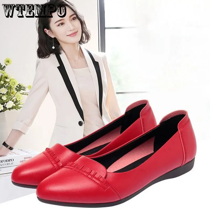 WTEMPO Spring Women Pumps Shoes Pointed Toe Women Flat Shoes Solid Color Slip on Casual Shoes Soft Comfort Pu Leather Wholesale