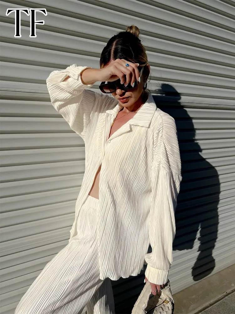 

Pleated Two Piece Sets Womens Outifits Draped Feeling Shirt Set Spliced Long Sleeve Curled Top Casual Loose Pants Women Clothing