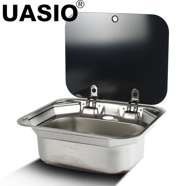 Camper Caravan RV Washbasin Stainless Steel Hand Wash Basin Sink with Folded Faucet Tempered Glass Lid Boat Trailer Accessories