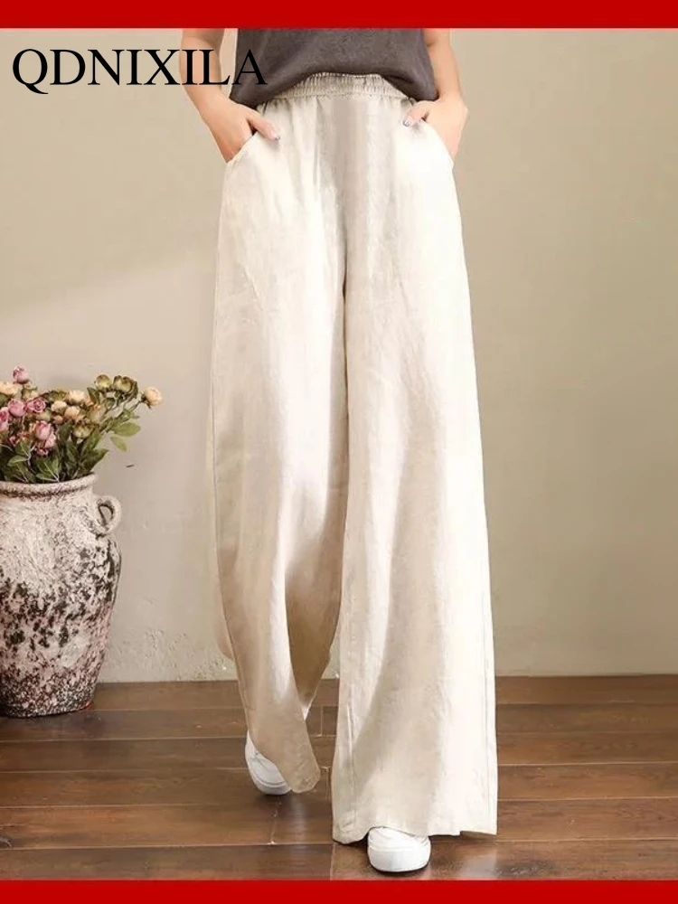 

New Linen Wide-leg Pants Women's Drawstring Oversize Wide-leg Pants Woman Pants Streetwear Women Drawstring Sweatpants Pants