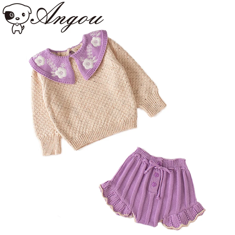 

Angou Korean Style Baby Girls Princess Knitted Suit Spring Autumn Baby Flower Sweater+ Romper Suit 2pcs Baby Knitting Clothes